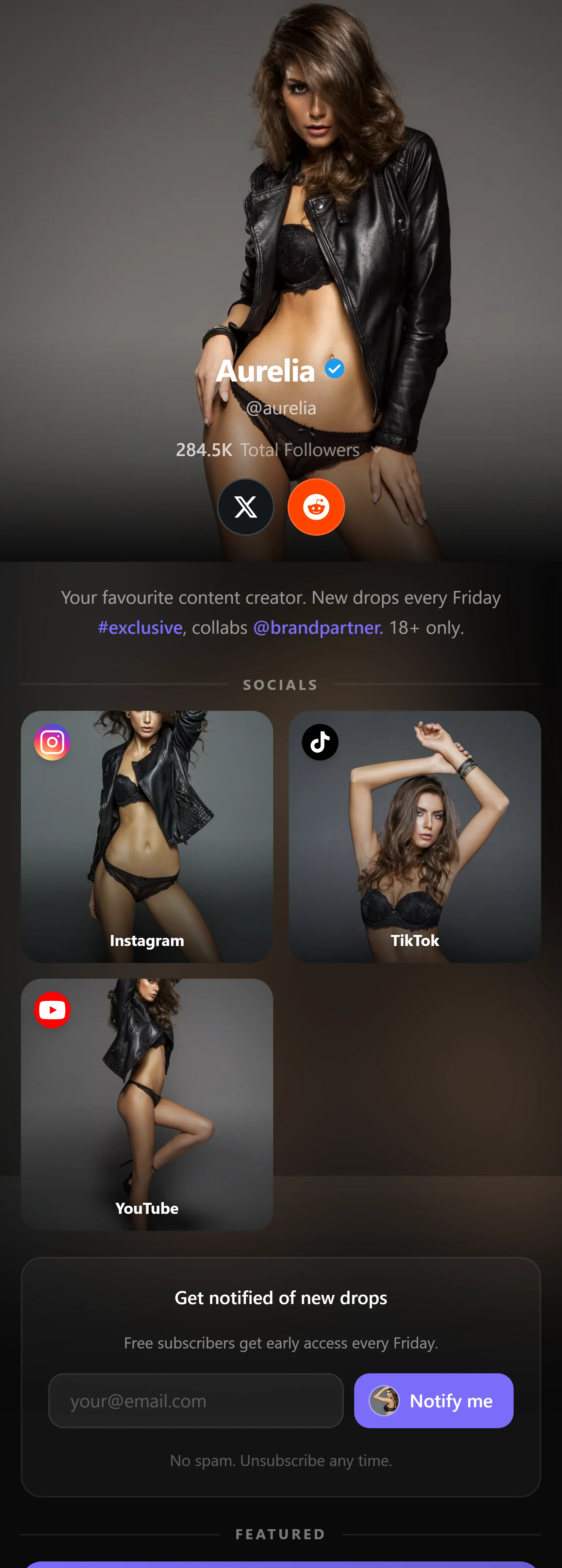 A Nexxusbio page for the demo creator Aurelia: her name and verified badge, follower count, social icons for X and Reddit, her bio, tiles for Instagram, TikTok and YouTube, and an email sign-up box.