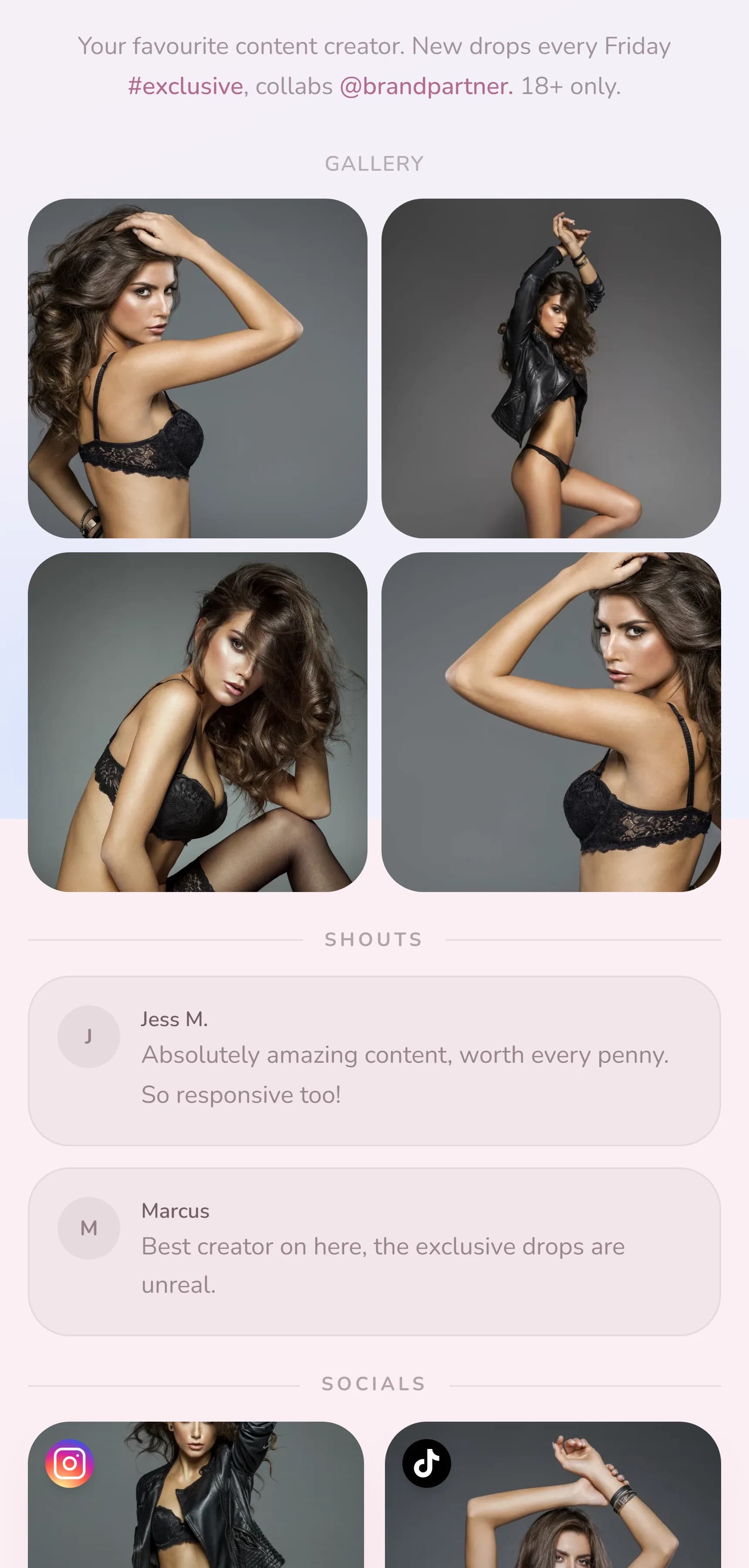 The Content Drop template on a soft pink pastel theme, leading with the newest release.