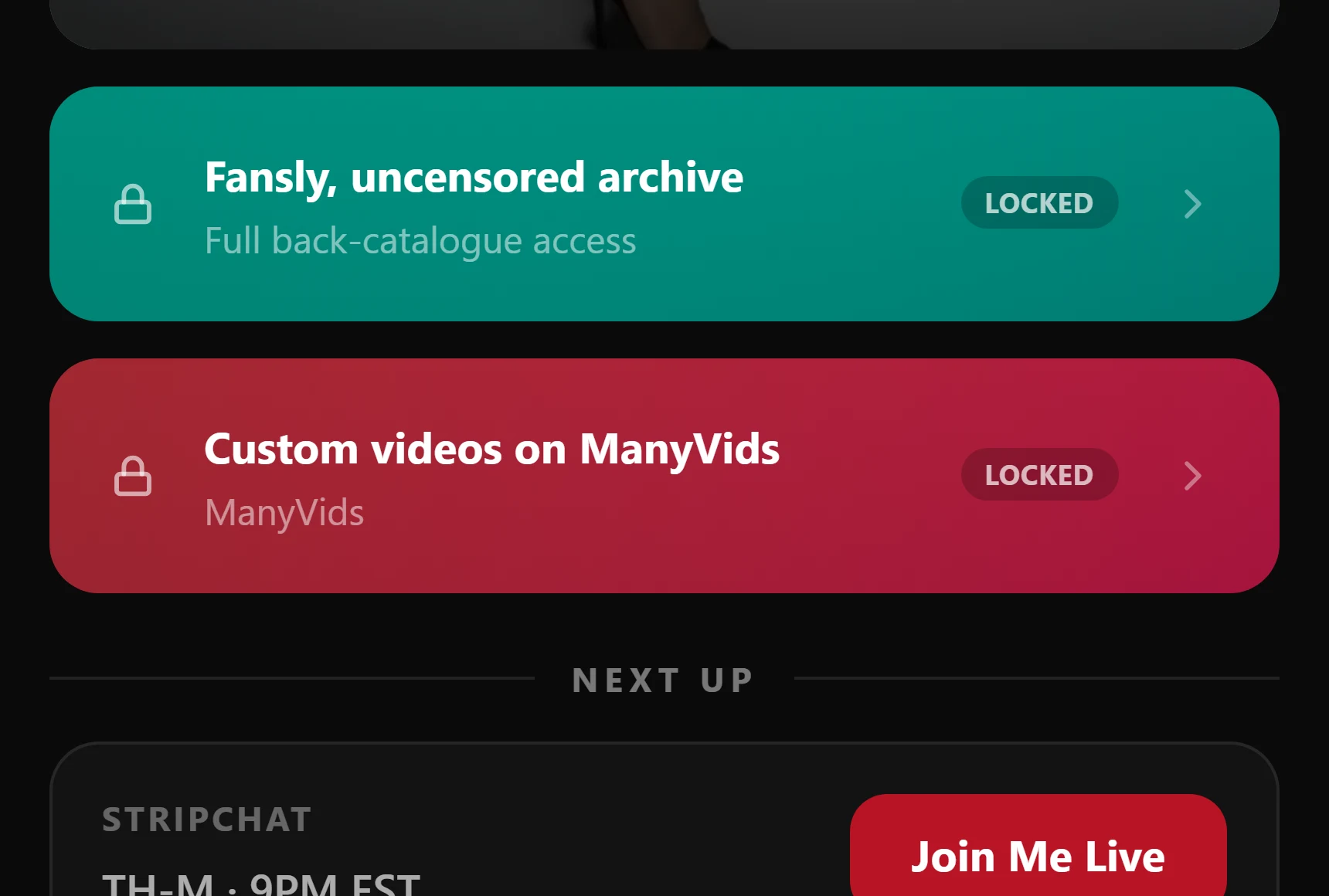 Two link cards on a creator page, one in Fansly teal and one in ManyVids red, each with a padlock and a LOCKED badge.